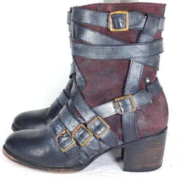 Freebird By Steven Women’s Colt US9 Black Leather Distressd Strappy Biker Boots - Picture 2 of 15